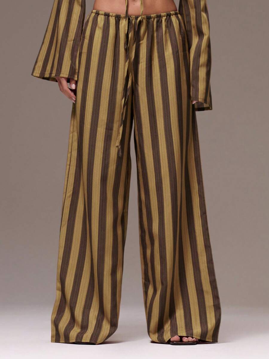 MUSERA 女士阔腿条纹亚麻质感长裤，适合假日、夏季海滩度假、感恩节、复活节等休闲场合穿着。 - 棕色 - 查看 1
