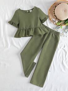 SHEIN Vintaside Kids 少女荷葉邊泡泡袖上衣和褲子 - 軍綠色 - 查看 1