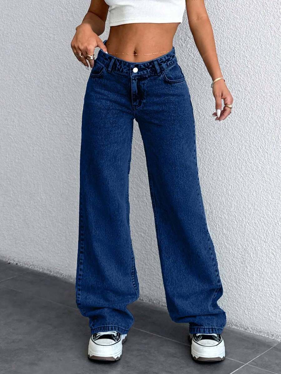EURMUSE 100% Cotton Low Waist Snow Wash Wide Leg Jeans - Dark Wash - View 1