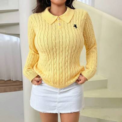 플러스플러스 사이즈 여성용 캐주얼 다용도 자수 디테일 머스타드 니트