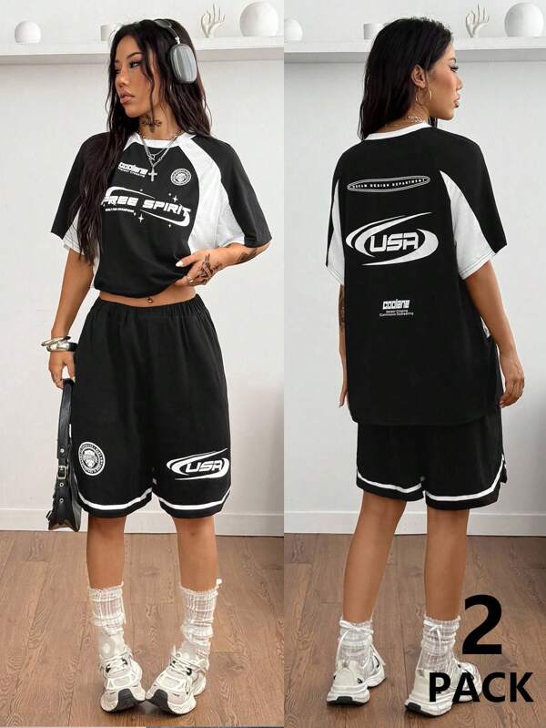 Coolane Women's & Men's Couple Same Style Summer Streetwear Athleisure Game Day Back To School Graphics  Oversized T-Shirt And Sweater Shorts Workout Sets,2pcs