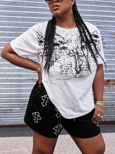 Street Life Plus Size Women Gothic Cross & Slogan Print Round Neck Casual Short Sleeve T-Shirt