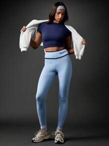 Missguided x Playboy 复古高腰紧身裤 高性能下装 无缝设计 健身房健身裤 - 藍色 - 查看 4