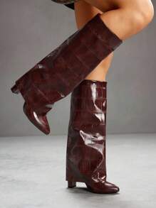 CUCCOO SZL Botas altas hasta la rodilla de tacón alto con estampado de piedra de moda para mujeres - Café integral - Ver 2