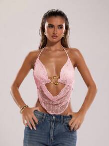 SHEIN BAE Áo nữ mùa hè gợi cảm phong cách Bohemian, thích hợp đi biển, đi xem hòa nhạc, cổ yếm, thắt nơ kim loại, chất liệu móc len, kiểu dáng gợi cảm cho câu lạc bộ, ngày Valentine. - Màu Hồng  San hô - Xem 5