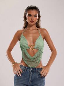 SHEIN BAE 女士夏季性感波西米亚海滩度假音乐会女士露背领带金属装饰钩针夏季上衣，女士夏季，俱乐部女士性感 - 薄荷綠 - 查看 5