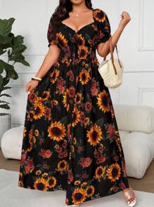Vionelle 大码女式度假向日葵印花单肩高腰优雅连衣裙 - 黑色 - 查看 6
