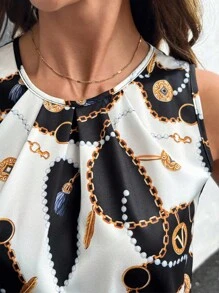 SHEIN Clasi 女圆领百褶无袖宽松黑白几何图案印花直筒裤阔腿裤优雅日常街头春夏女装两件套