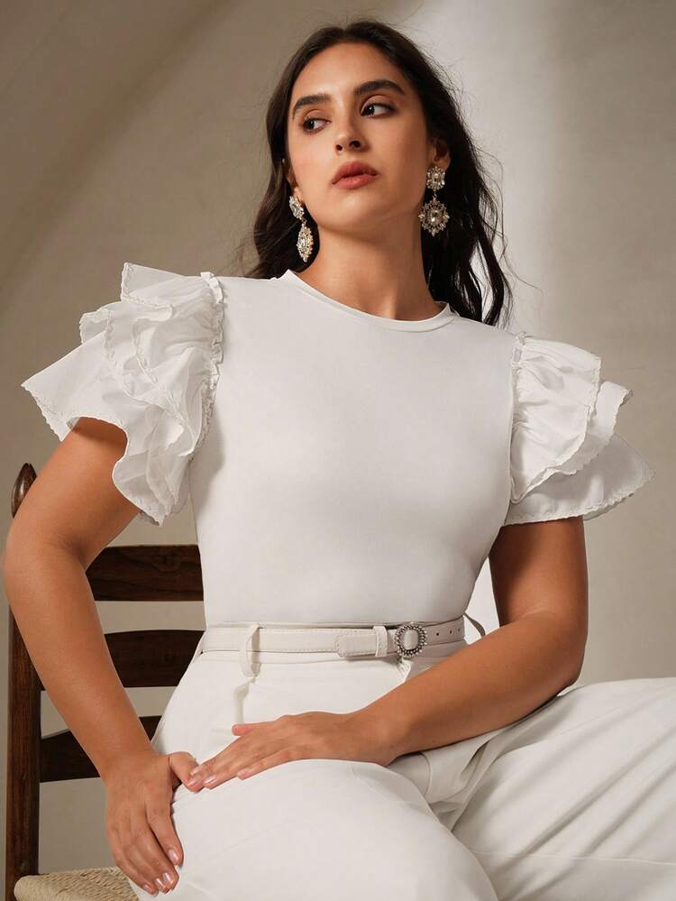 T-shirt casual femme grande taille col rond, manches bouffantes, volants et épissures, manches courtes