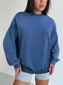 LYSMO 女式圆领落肩长袖羊毛运动衫，秋季，长袖上衣 - 藍色 - 查看 3