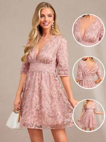 SHEIN Amorya 女士新款时尚优雅 V 领刺绣粉色 A 字短裙，适合派对、下午茶等多种场合 - 粉色 - 查看 8