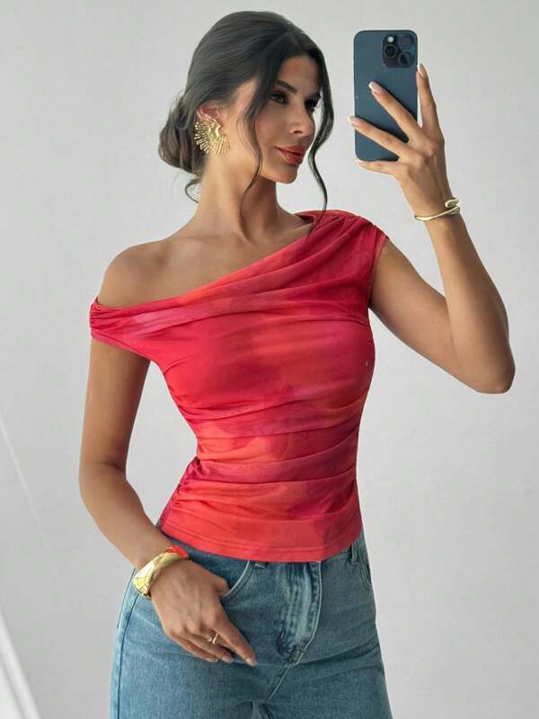 Firerie Women's Shoulder Ombre Pleated Asymmetric Neck T-Shirt, Floral Print Top, Oblique Shoulder Blouse, Spring/Summer Clothing, Suitable For Beach, Commute, Elegant, Sexy, Holiday, Boho, Hawaii, Music Festival, Romantic, Date, Vacation Outfits Woman