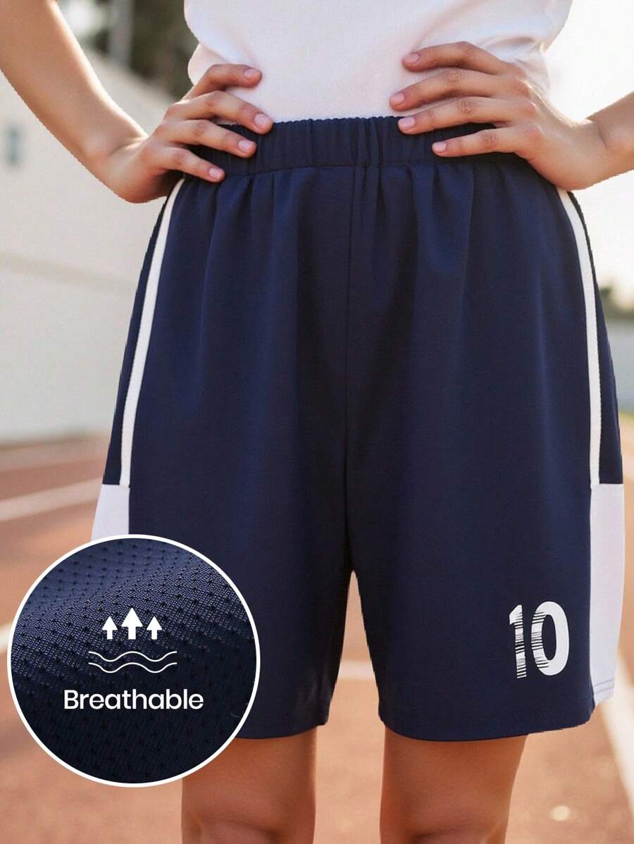 JNSQ Back To School Tween Boy Outdoor Sports Jersey & Shorts Set, Children Contrast Color Waistband Funny Number Print Loose Fit Outdoor Sports Shorts - Navy Blue - View 1