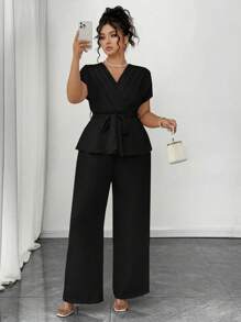 Elenzga 大码夏季优雅纯色衬衫和裤子两件套 - 黑色 - 查看 3