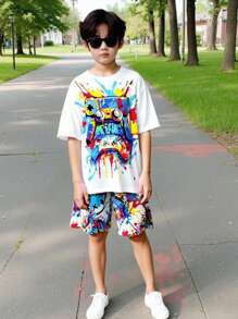 SHEIN Set de 2 piezas de camiseta de manga corta con gráfico de videojuego y pantalones cortos para niño preadolescente