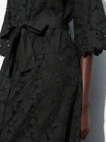 Maija 女士刺绣镂空腰系带长袖连衣裙，宽松夏季度假连衣裙，休闲风 - 黑色 - 查看 7