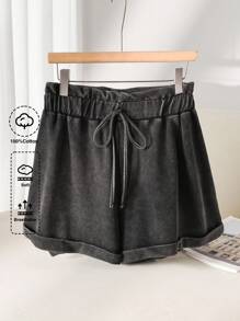 CosyJoli Plus Size Casual Washed Yarn-Dyed Rib Knit Hem Shorts - Black - View 1