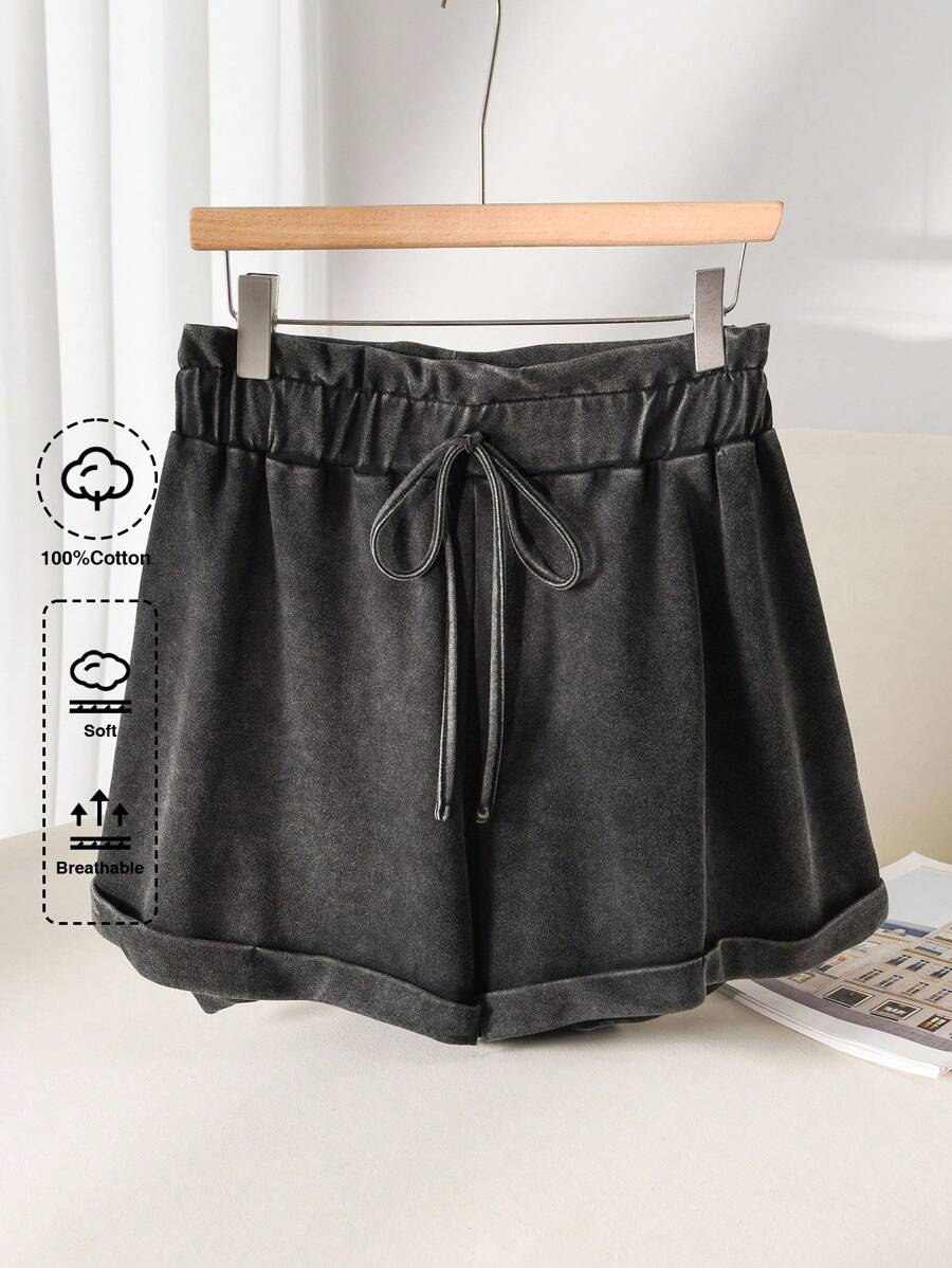 CosyJoli Plus Size Casual Washed Yarn-Dyed Rib Knit Hem Shorts - Black - View 1