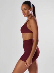 Musera Sport Solid Ruched Bust Open Back Halter Sports Bra, Active Comfy Workout Gym Running Run Club Padel, Tennis, Pickleball Gym Fitness Fall Winter Christmas