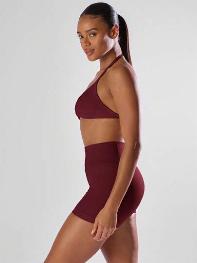 Ra Sport Solid Ruched Bust Open Back Halter Sports Bra, Active Comfy Workout Gym Running Run Club Padel, Tennis, Pickleball Fitness Fall view 4