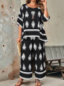 EMERY ROSE 大码复古休闲全印花圆领上衣和裤子两件套