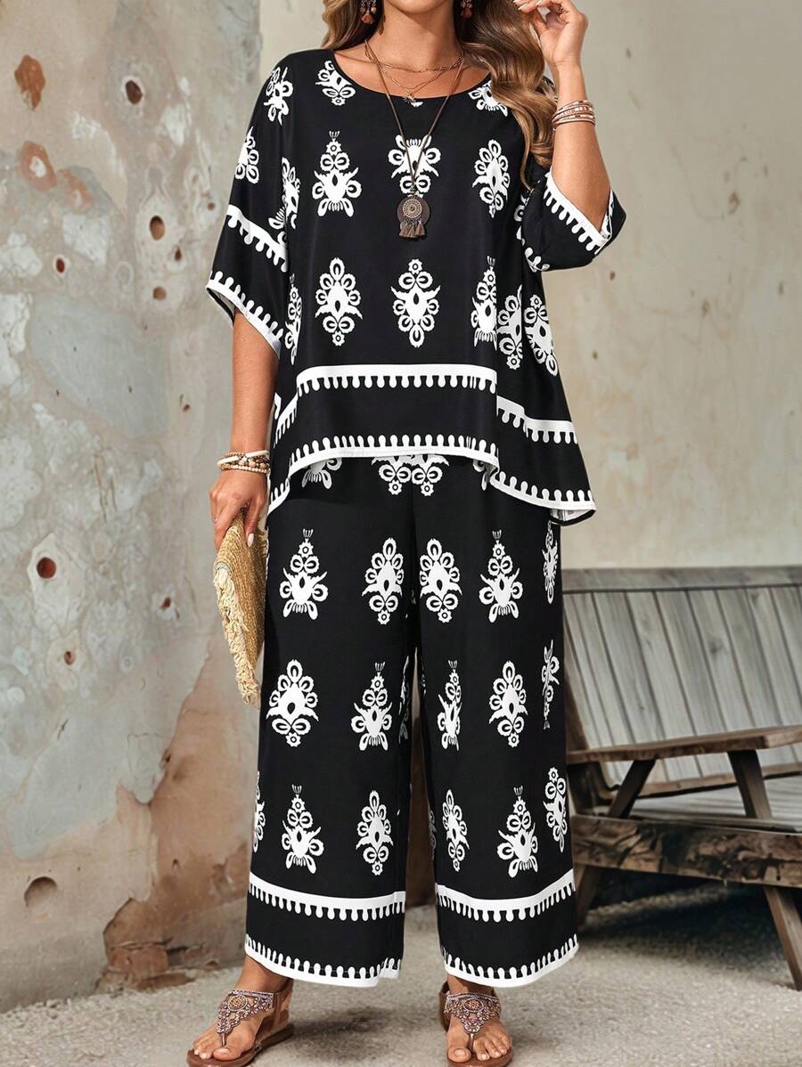 EMERY ROSE 大码复古休闲全印花圆领上衣和裤子两件套