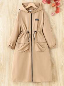 SHEIN 青少年女孩休闲街头服饰时尚法式优雅英伦学院风字母刺绣贴片宽松落肩长袖连帽撞色拉链抽绳腰部大口袋长款羽绒服夹克风衣 - 卡其色 - 查看 3