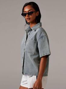 Athîral 女士水洗牛仔短袖外套，复古风，商务休闲女装，教师款，老钱风格，秋季服饰 - 淺色水洗藍 - 查看 6