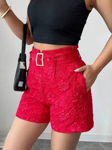 Rafferiza Islaluna Women's Elegant Jacquard High Waist Loose Casual Shorts Red Shorts For Women Shorts With Belt Vacation - Burgundy - View 4