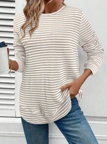 SHEIN LUNE Women's Casual Crew Neck Asymmetrical Hem Sweatshirt, Textured Striped Fabric Going Out Tops Women Work For Women Oversized T Shirt Women Business Casual Women Airport Striped Long Sleeve Shirt Women Women Long Sleeve Tops Ribbed Knit Top Long Sleeve Shirts For Women Knitted Tops For Women Long Sleeve T-Shirt In Fall/Winter - Multicolor - View 6