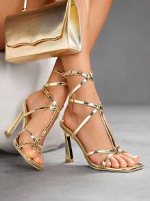 CUCCOO SZL Women's Metal Crossover Design Fashion High Heel Sandals For Party Occasions For Christmas - Gold - View 4