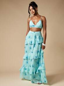 MISSGUIDED 花卉烂花荷叶边超长舞会套装，含 Bralette 上衣，特殊场合花园派对婚礼宾客春夏节日波西米亚风 - 藍色 - 查看 4