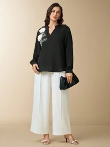 Flouryn Áo cánh thanh lịch thêu hoa 3D màu đen cỡ lớn cho nữ - màu đen - Xem 5