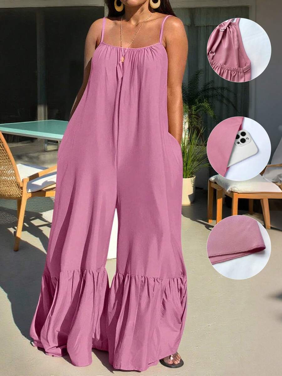 INAWLY Women's Fashionable Solid Color Ruffle Hem Wide Leg Sleeveless Casual Jumpsuit - Pink - View 1