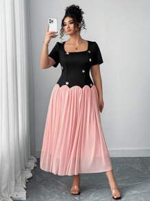 Elenzga Plus Size Women Color Block Fit-And-Flare Midi Dress - Black - View 1