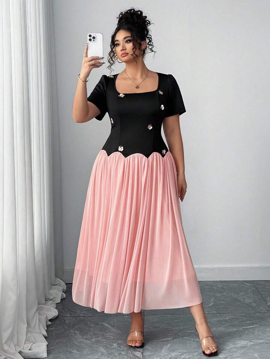 Elenzga Plus Size Women Color Block Fit-And-Flare Midi Dress - Black - View 1