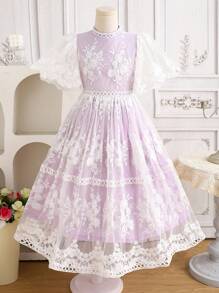 SHEIN 青少年女孩编织网眼刺绣蕾丝花边褶饰荷叶边短袖松紧腰优雅花卉印花 A 字裙，公主裙，适合派对、舞会、节日聚会、春季旅行、花童裙 - 淡紫色 - 查看 2