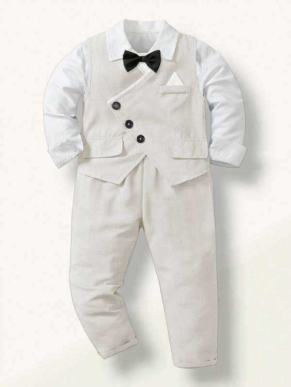 SHEIN Wildeya 2pcs Young Boy Gentleman Suit Set: Sleeveless Jacket With Crossover Front Design, Long Pants. Suitable For Birthday Party, Banquet, Performance, Wedding, Baptism, Back To School, Holiday, Festival