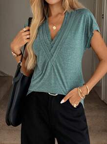 SHEIN LUNE Solid V Neck Batwing Sleeve Tee - Army Green - View 6