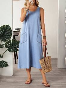 EMERY ROSE Vestido de mezclilla casual sin mangas con cuello redondo, diseño de botones y bolsillos para mujer