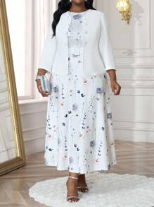 SHEIN Lady 春夏秋冬休闲优雅通勤办公室彩色圆领喇叭腰带纽扣中长袖休闲优雅金色连衣裙职业装棕色裙子白色裙子女装套装 - 彩色 - 查看 4