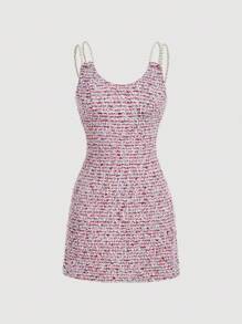 SHEIN MOD Vestido mini con correa de perlas gruesa para mujer, rosa y morado, vestido de otoño, ropa de mujer de otoño, ropa de vuelta al colegio, ropa de oficina para mujer, estilo "old money" para mujer, atuendo de cumpleaños, oficina, ropa vintage para mujer, vestidos formales para invitados de boda, atuendo de oficina para mujer, vestidos para fiestas de mujer, atuendos de crucero para mujer, atuendos de maestra para mujer - Rosa - Ver 1