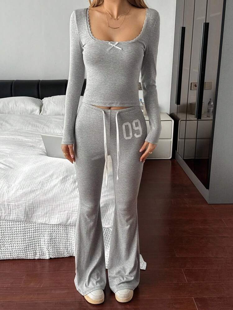 Women's Square Collar Bow Blouse And Flare Pants 2 Pieces Set, Casual,Fall Clothes