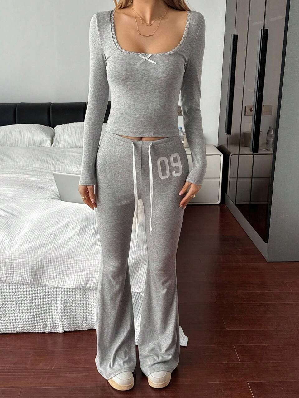 Women's Square Collar Bow Blouse And Flare Pants 2 Pieces Set, Casual,Fall Clothes Lounge Sets For Women