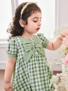 SHEIN Babygirl Cute Summer Vacation Green Plaid Pearl Button Short Sleeve Dress - Multicolor - View 6