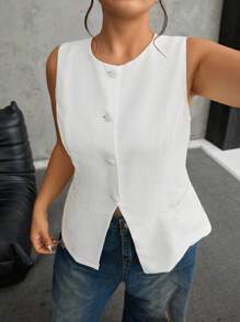 SHEIN EZwear Chaleco informal de resort de cintura ceñida sin mangas de talla grande de lino