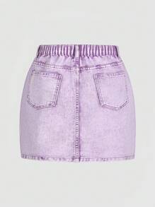 Teen Girl Purple Butterfly Print Denim A-Line Skirt, Medium Waist, Loose Fitting, Personalized Street Style Casual Retro Fashion Sweet Design - Purple - View 3