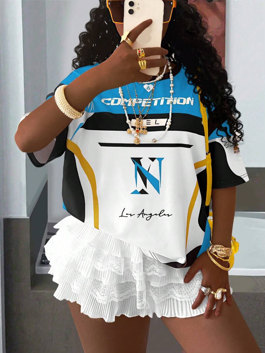 Rovax Plus Size Women Colorblock Letter Print Short Sleeve T-Shirt - Blue - View 1