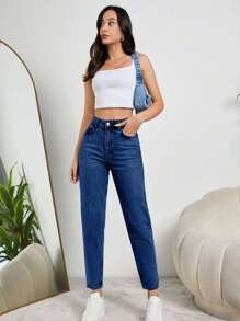 SHEIN Tall HIGH RISE MOM FIT LIGHT BLUE JEAN TALL - Medium Wash - View 4