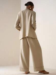 Zivah 2025秋冬新款学院风学生装日常街头基础百搭休闲度假街头风纹理面料皱布西装外套长款上衣和裤子阔腿裤带口袋腰带装饰长裤两件套杏色亚麻西装 - 杏色 - 查看 2